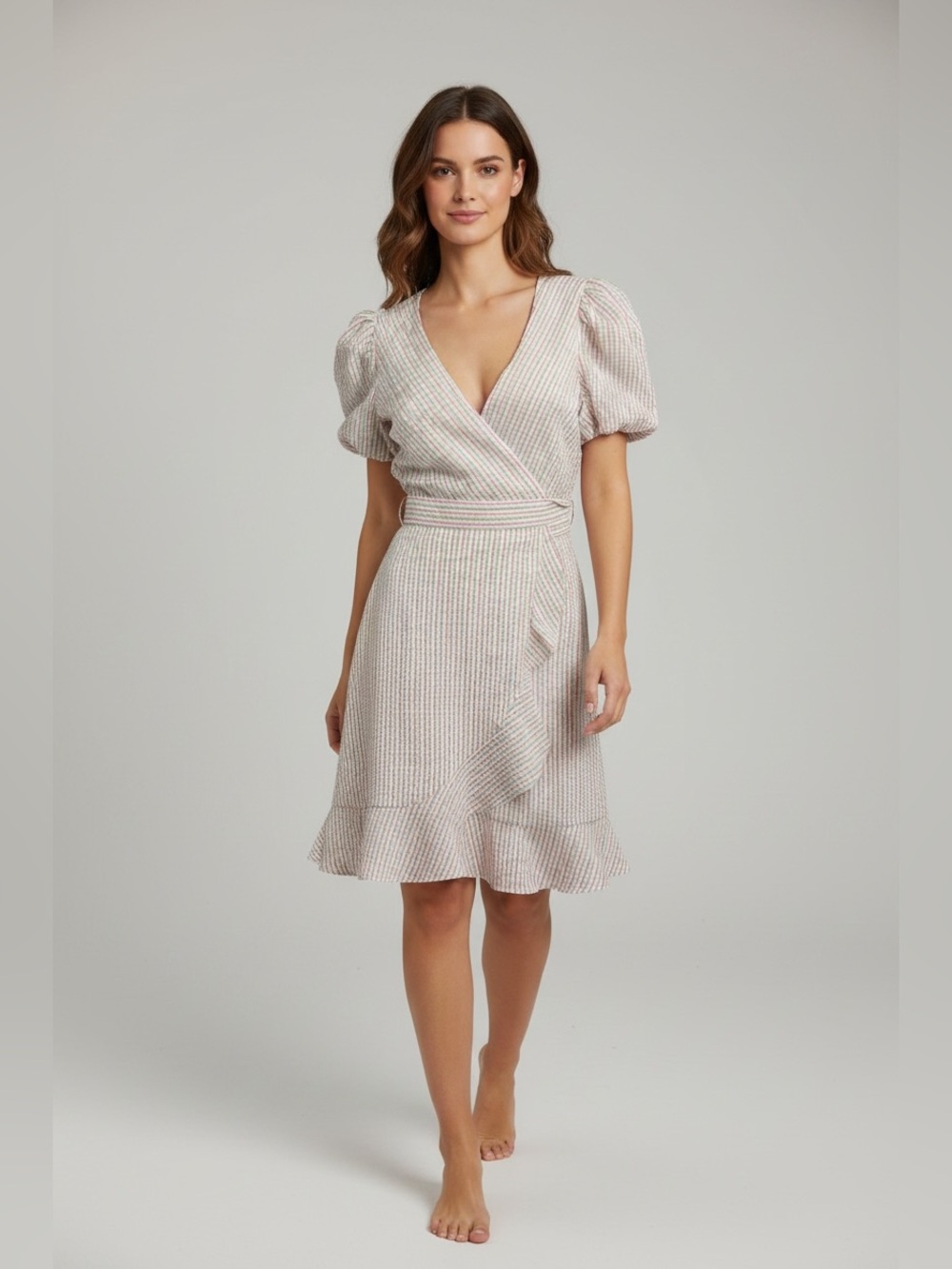Draper James RSVP Women’s Size XS Puff Sleeve Seersucker Striped Wrap Dress